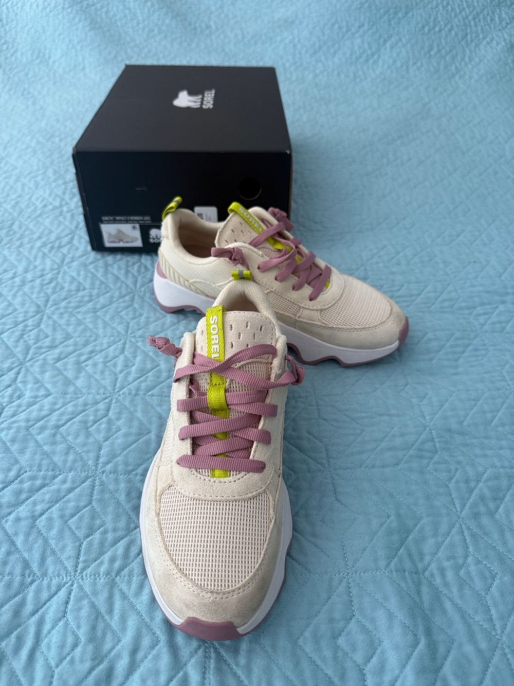 Sorel Beige Kinetic ImpactII Sneakers w/Pink &Lime Accents sz 8 orig $250